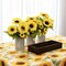 Spring Tabletop Decor – Rustic Artificial Sunflower Centerpiece with 3 Metal Pots on Wooden Tray, Faux Sunflowers for Home, Kitchen, Dining Table & Living Room